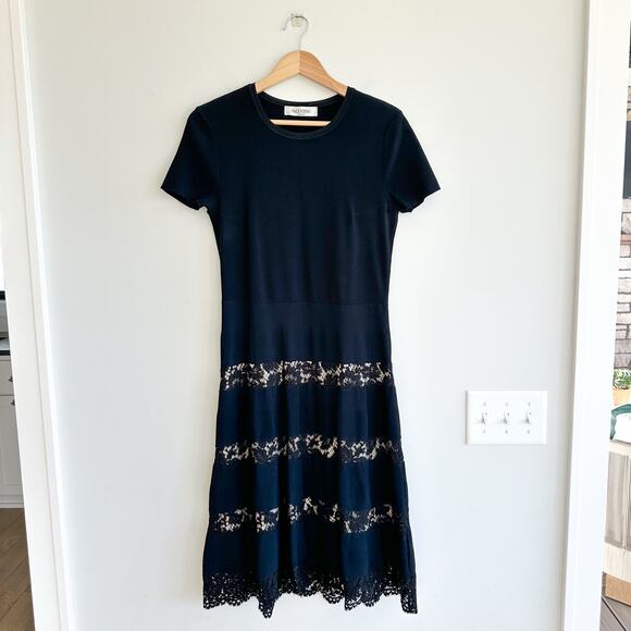 Valentino Flared Stretch Lace Trim Short Sleeve Dress Black 8 - Picture 2 of 8